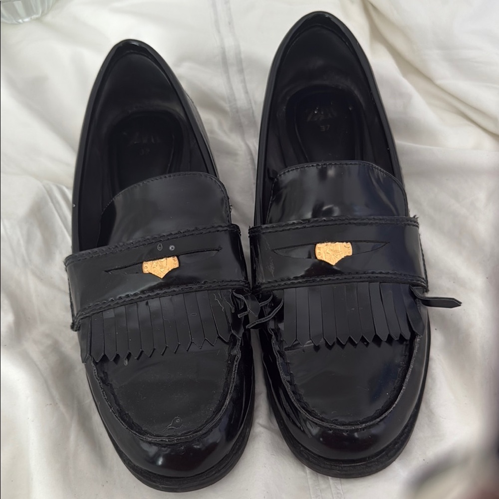 Zara Black Patent Leather Tassel Loafers with Gold Accent